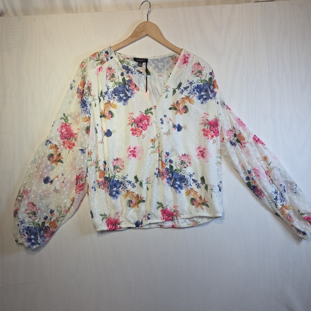Tamara H Floral Popover Blouse Women's Large White Sheer Swiss Dot Elastic Hem N